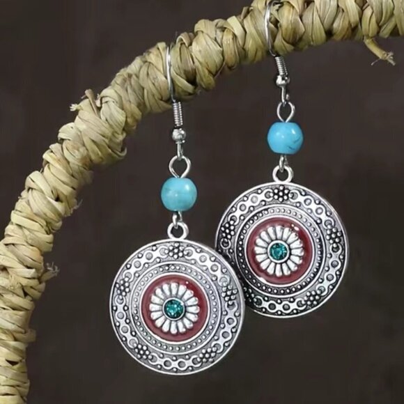 Boho Western Chic Dangle Drop Earrings Pierced Antique Silver Red Turquoise - Picture 10 of 16